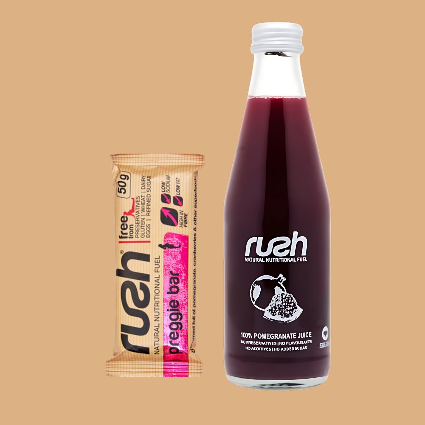 Rush Mom-To-Be-Bundle with 100% Pomegranate Juice and Preggie Bar, nutrient-rich snacks for moms during pregnancy and breastfeeding.