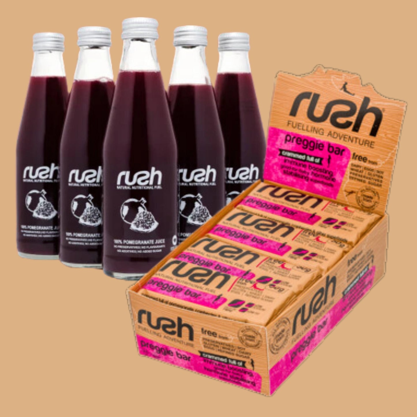 Rush Mom-To-Be Bundle featuring 100% Pomegranate Juice and preggie snack bars for healthy pregnancy nutrition.